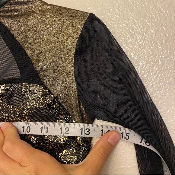 Dansco Dance Costume black gold unitard jumpsuit black mesh sequin Child LC - Picture 9 of 13